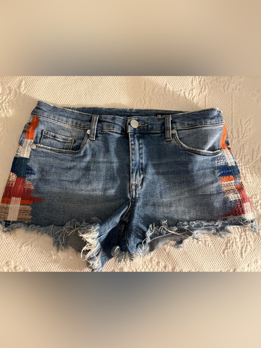Blank NYC Embroidered Frayed Hem Denim Shorts - Blue
